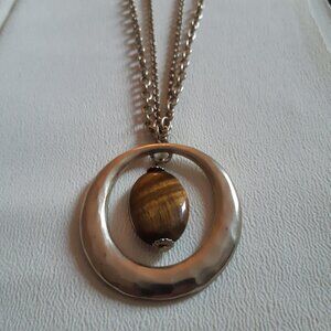 Tiger's Eye Pendant 32" Double Chain Vintage Necklace, Light Gold Tone